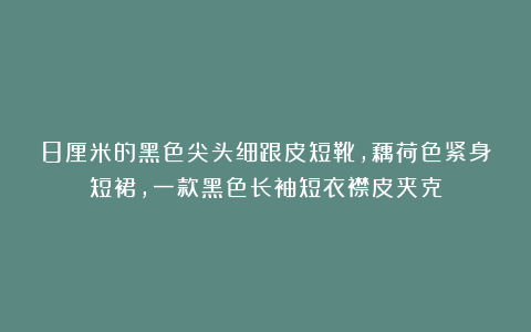 8厘米的黑色尖头细跟皮短靴，藕荷色紧身短裙，一款黑色长袖短衣襟皮夹克