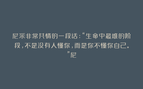 尼采非常共情的一段话:“生命中最难的阶段，不是没有人懂你，而是你不懂你自己。”尼