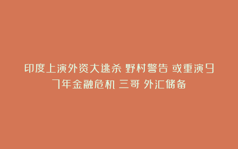 印度上演外资大逃杀！野村警告：或重演97年金融危机|三哥|外汇储备