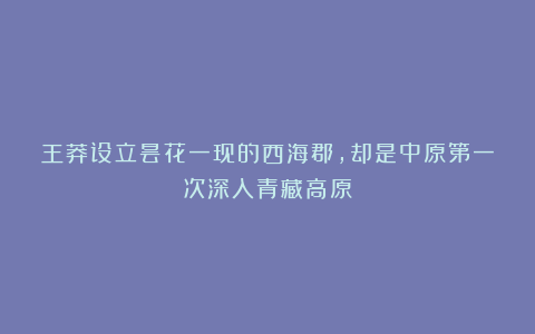 王莽设立昙花一现的西海郡，却是中原第一次深入青藏高原？