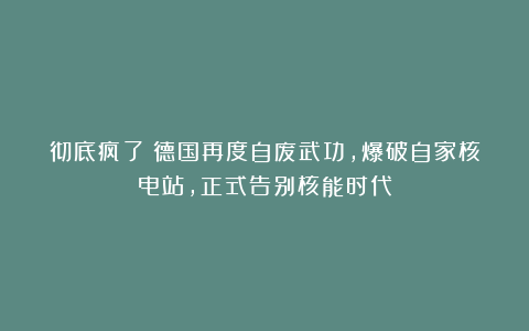 彻底疯了!德国再度自废武功,爆破自家核电站,正式告别核能时代