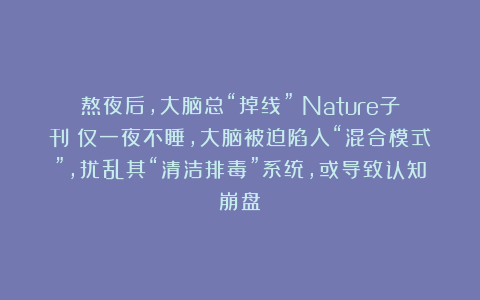 熬夜后,大脑总“掉线”?Nature子刊:仅一夜不睡,大脑被迫陷入“混合模式”,扰乱其“清洁排毒”系统,或导致认知崩盘