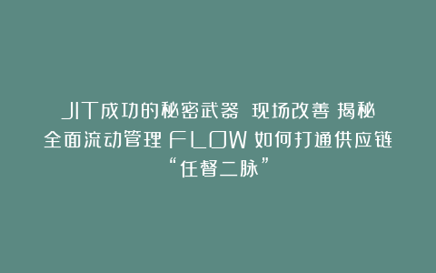 JIT成功的秘密武器！《现场改善》揭秘全面流动管理（FLOW）如何打通供应链“任督二脉”