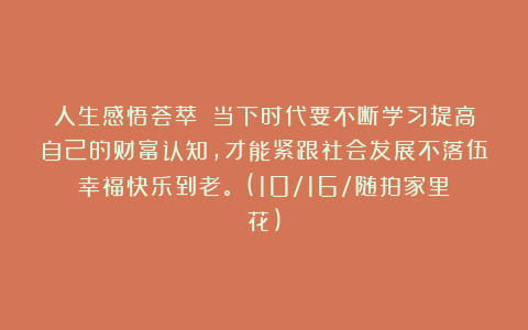 人生感悟荟萃：《当下时代要不断学习提高自己的财富认知，才能紧跟社会发展不落伍幸福快乐到老。》(10/16/随拍家里花)