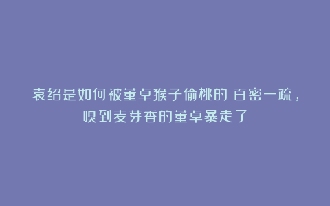 袁绍是如何被董卓猴子偷桃的？百密一疏，嗅到麦芽香的董卓暴走了