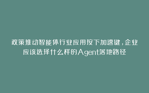 政策推动智能体行业应用按下加速键,企业应该选择什么样的Agent落地路径?
