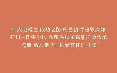 中央电视台《成功之路》栏目执行总导演兼栏目主任李小民：以媒体视角赋能诗脉传承 点赞《潏水集》为“长安文化活注脚”