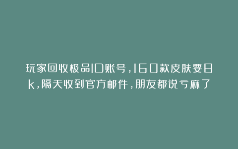 玩家回收极品ID账号，160款皮肤要8k，隔天收到官方邮件，朋友都说亏麻了