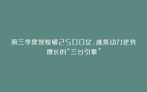前三季度营收破2500亿，潍柴动力逆势增长的“三台引擎”