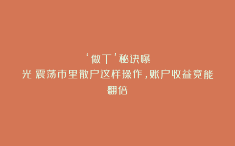 ‘做T’秘诀曝光!震荡市里散户这样操作,账户收益竟能翻倍