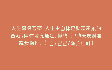 人生感悟荟萃:《人生中自律是财富积累的基石,自律能克拖延、懒惰、冲动实现财富稳步增长。》(10/22/随拍红叶)