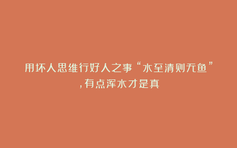 用坏人思维行好人之事！“水至清则无鱼”，有点浑水才是真