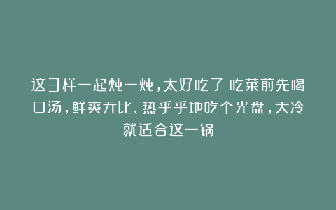这3样一起炖一炖,太好吃了!吃菜前先喝口汤,鲜爽无比、热乎乎地吃个光盘,天冷就适合这一锅