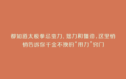 都知道太极拳忌蛮力、拙力和僵劲,这里悄悄告诉你千金不换的“用力”窍门
