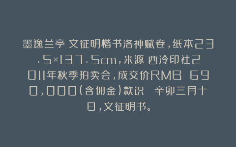墨逸兰亭:文征明楷书洛神赋卷,纸本23.5×137.5cm,来源:西泠印社2011年秋季拍卖会,成交价RMB 690,000(含佣金)款识: 辛卯三月十日,文征明书。