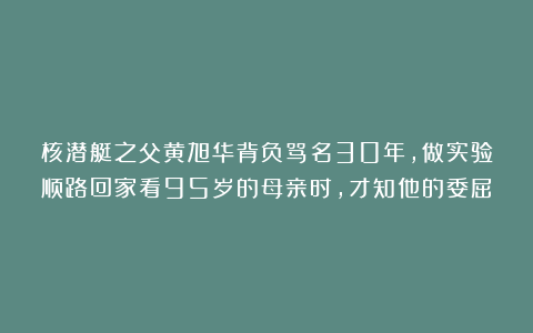 核潜艇之父黄旭华背负骂名30年，做实验顺路回家看95岁的母亲时，才知他的委屈