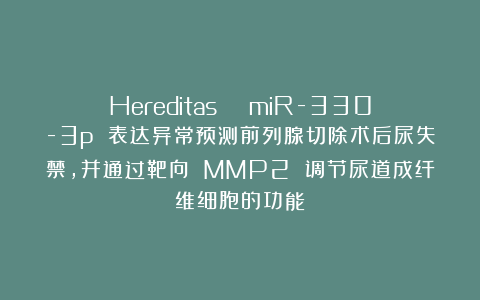 Hereditas | miR-330-3p 表达异常预测前列腺切除术后尿失禁，并通过靶向 MMP2 调节尿道成纤维细胞的功能