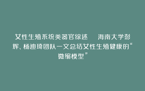 女性生殖系统类器官综述 | 海南大学彭辉、杨迪琦团队一文总结女性生殖健康的“微缩模型”