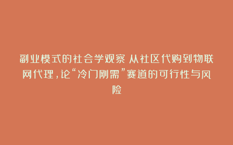 副业模式的社会学观察：从社区代购到物联网代理，论“冷门刚需”赛道的可行性与风险
