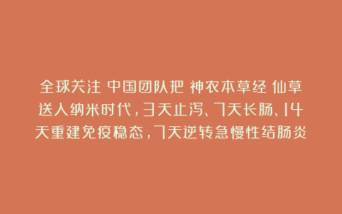 全球关注！中国团队把《神农本草经》仙草送入纳米时代，3天止泻、7天长肠、14天重建免疫稳态，7天逆转急慢性结肠炎