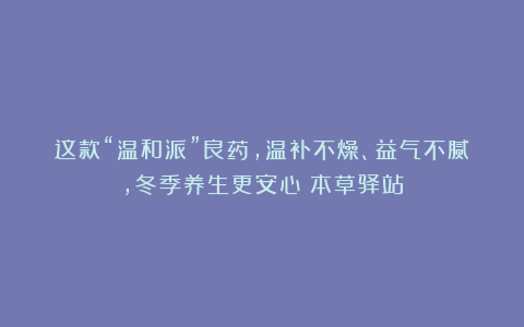 这款“温和派”良药，温补不燥、益气不腻，冬季养生更安心丨本草驿站