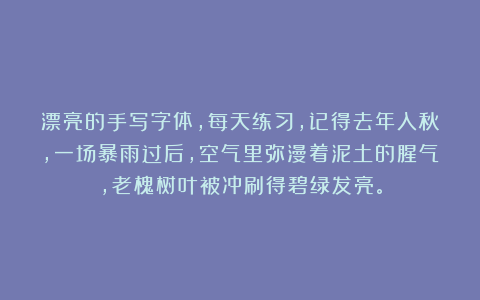 漂亮的手写字体，每天练习，记得去年入秋，一场暴雨过后，空气里弥漫着泥土的腥气，老槐树叶被冲刷得碧绿发亮。