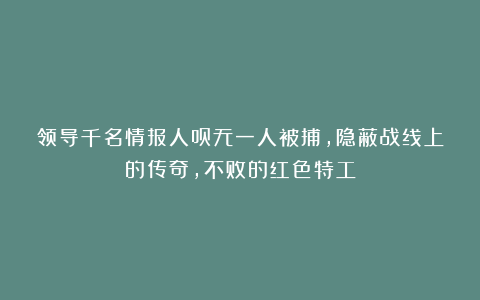 领导千名情报人员无一人被捕，隐蔽战线上的传奇，不败的红色特工