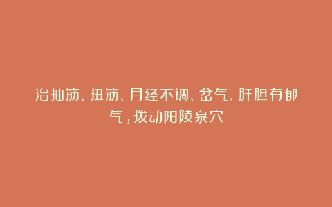 治抽筋、扭筋、月经不调、岔气、肝胆有郁气，拨动阳陵泉穴