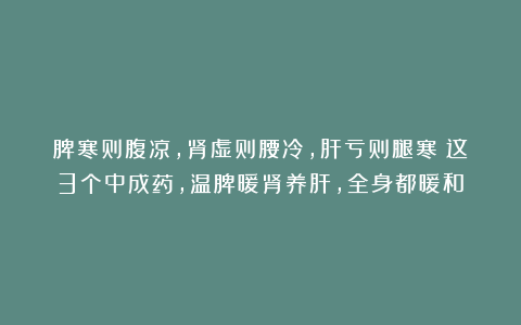脾寒则腹凉,肾虚则腰冷,肝亏则腿寒?这3个中成药,温脾暖肾养肝,全身都暖和!
