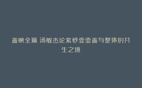 盖映全篇：汤敏杰论紫砂壶壶盖与整体的共生之境