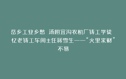 岳乡工业乡愁 汤阴宜沟农机厂铸工学徒 忆老铸工车间主任蒋雪生——“火里求财”不易