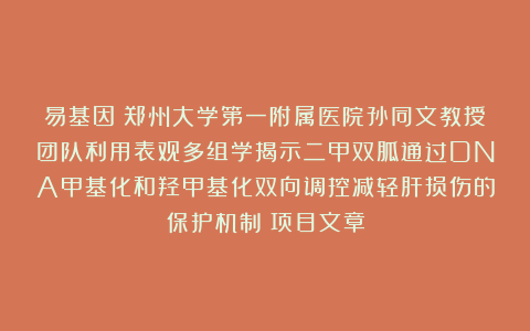 易基因:郑州大学第一附属医院孙同文教授团队利用表观多组学揭示二甲双胍通过DNA甲基化和羟甲基化双向调控减轻肝损伤的保护机制:项目文章