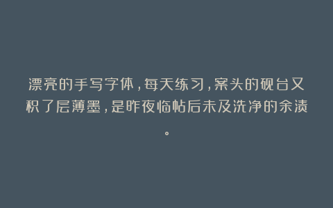 漂亮的手写字体，每天练习，案头的砚台又积了层薄墨，是昨夜临帖后未及洗净的余渍。