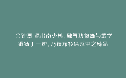 《金钟罩》源出南少林，融气功修炼与武学锻铸于一炉，乃铁布衫体系中之臻品