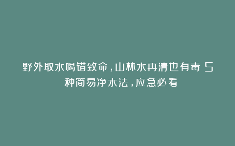 野外取水喝错致命，山林水再清也有毒！5 种简易净水法，应急必看