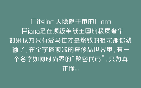 Citslinc：大隐隐于市的Loro Piana是在顶级羊绒王国的极度奢华如果认为只有爱马仕才是烧钱的祖宗那你就输了，在金字塔顶端的奢侈品世界里，有一个名字如同时尚界的“秘密代码”，只为真正懂…