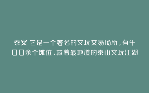泰安：它是一个著名的文玩交易场所，有400余个摊位，藏着最地道的泰山文玩江湖