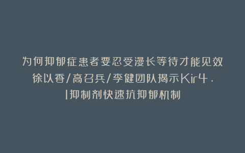 为何抑郁症患者要忍受漫长等待才能见效？徐以香/高召兵/李健团队揭示Kir4.1抑制剂快速抗抑郁机制
