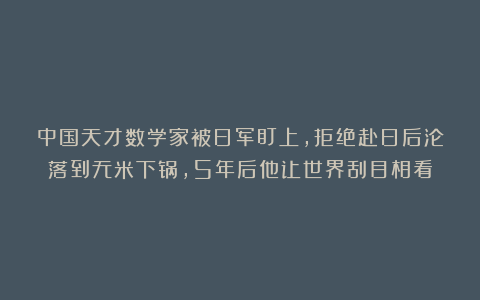 中国天才数学家被日军盯上，拒绝赴日后沦落到无米下锅，5年后他让世界刮目相看