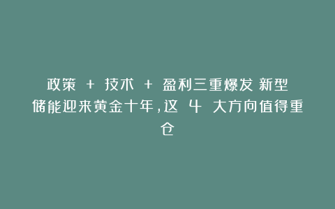 政策 + 技术 + 盈利三重爆发！新型储能迎来黄金十年，这 4 大方向值得重仓