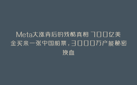 Meta大涨背后的残酷真相：700亿美金买来一张中国船票，3000万产能秘密换血