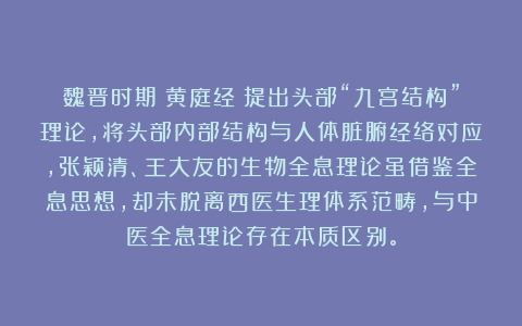 魏晋时期《黄庭经》提出头部“九宫结构”理论，将头部内部结构与人体脏腑经络对应，张颖清、王大友的生物全息理论虽借鉴全息思想，却未脱离西医生理体系范畴，与中医全息理论存在本质区别。