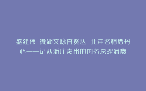 盛建伟||微湖文脉育贤达 北洋名相谱丹心——记从潘庄走出的国务总理潘馥