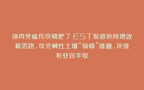 别再死磕传统磷肥了!EST报道协同增效新思路,攻克碱性土壤“锁磷”难题,环境农业双丰收!