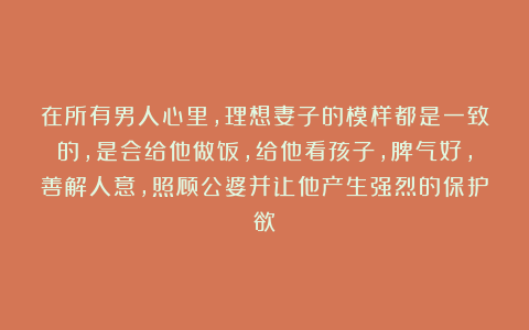 在所有男人心里，理想妻子的模样都是一致的，是会给他做饭，给他看孩子，脾气好，善解人意，照顾公婆并让他产生强烈的保护欲