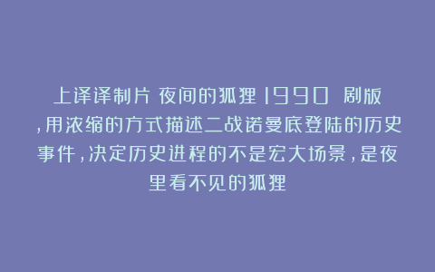 上译译制片《夜间的狐狸》1990 剧版，用浓缩的方式描述二战诺曼底登陆的历史事件，决定历史进程的不是宏大场景，是夜里看不见的狐狸