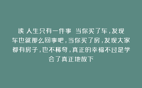 读《人生只有一件事》：当你买了车，发现车也就那么回事吧，当你买了房，发现大家都有房子，也不稀奇，真正的幸福不过是学会了真正地放下