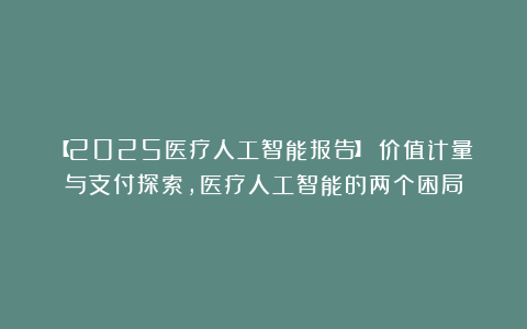 【2025医疗人工智能报告】：价值计量与支付探索，医疗人工智能的两个困局