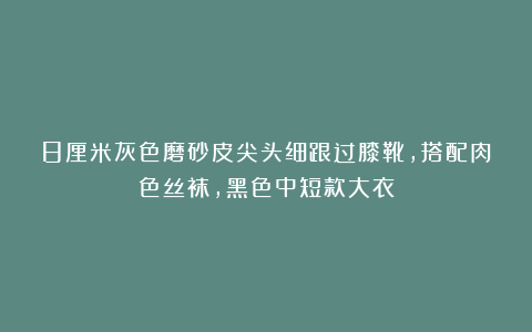 8厘米灰色磨砂皮尖头细跟过膝靴，搭配肉色丝袜，黑色中短款大衣