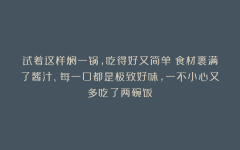 试着这样焖一锅,吃得好又简单!食材裹满了酱汁、每一口都是极致好味,一不小心又多吃了两碗饭